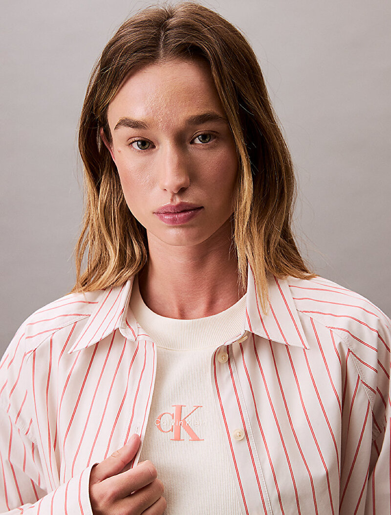Calvin Klein Pembe Renkli Kadın Stripe Boxy Crop Gömlek