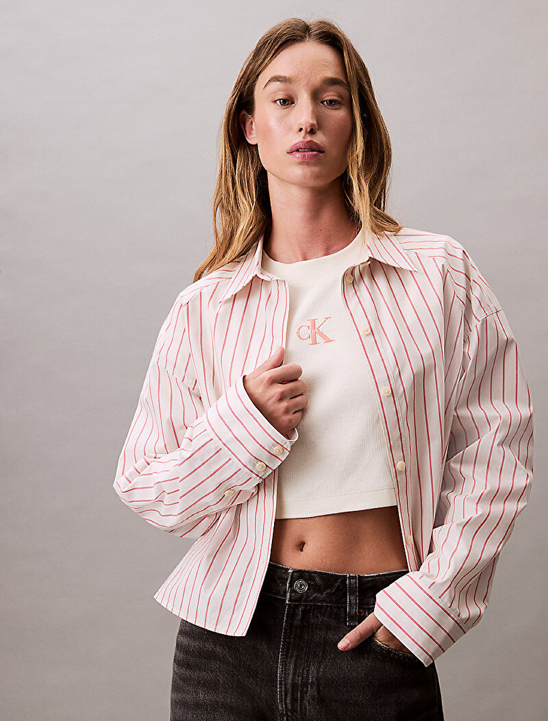 Calvin Klein Pembe Renkli Kadın Stripe Boxy Crop Gömlek