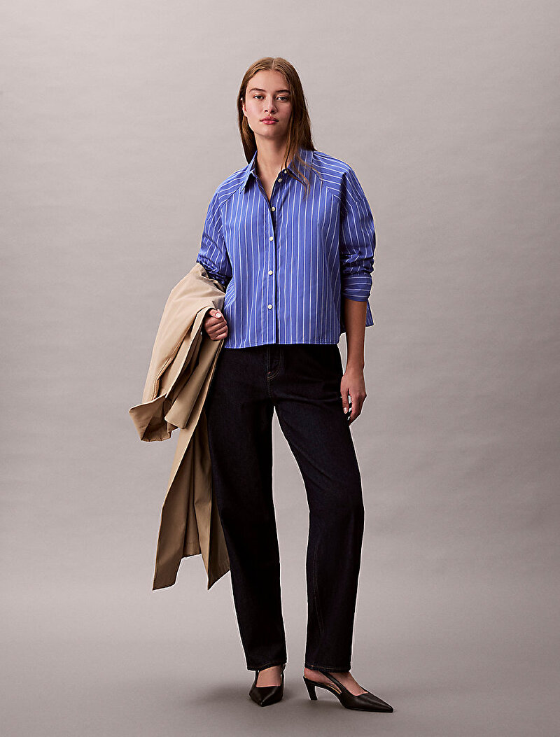 Calvin Klein Mavi Renkli Kadın Stripe Boxy Crop Gömlek