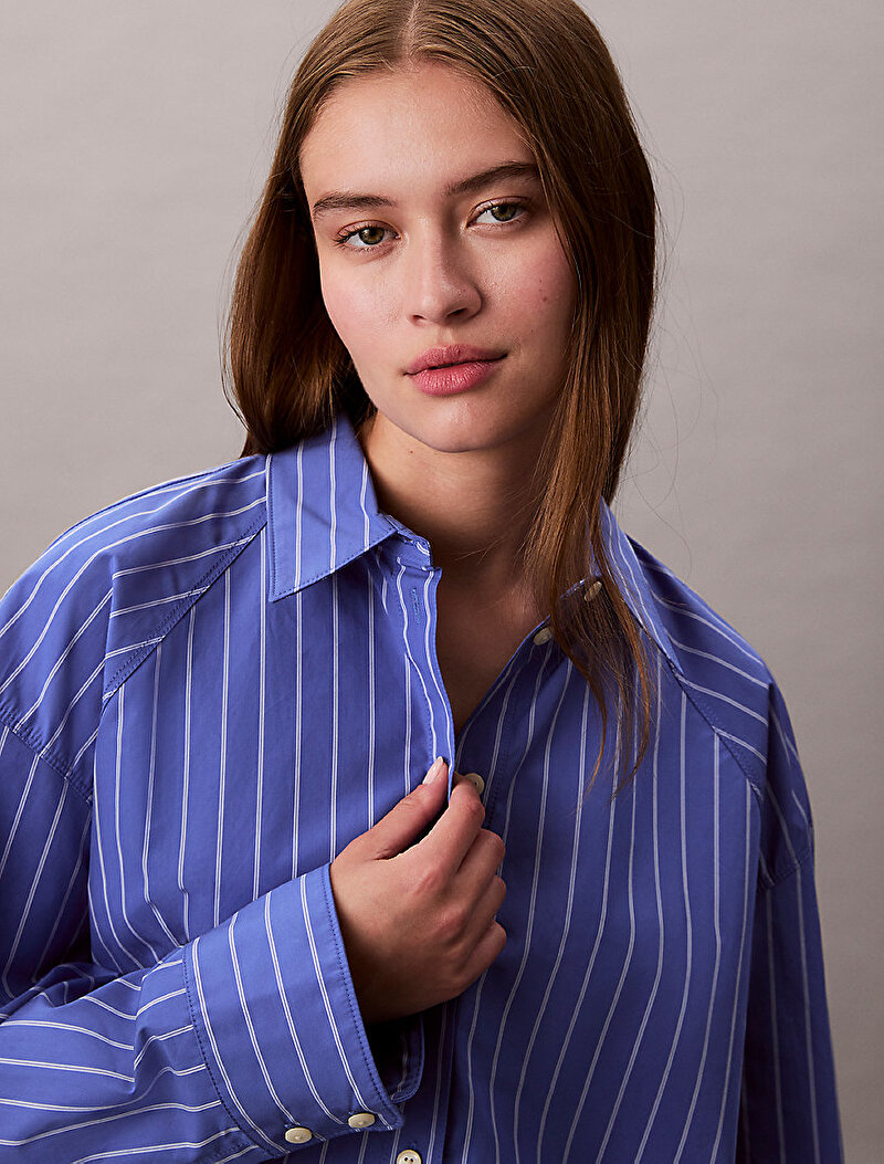 Calvin Klein Mavi Renkli Kadın Stripe Boxy Crop Gömlek