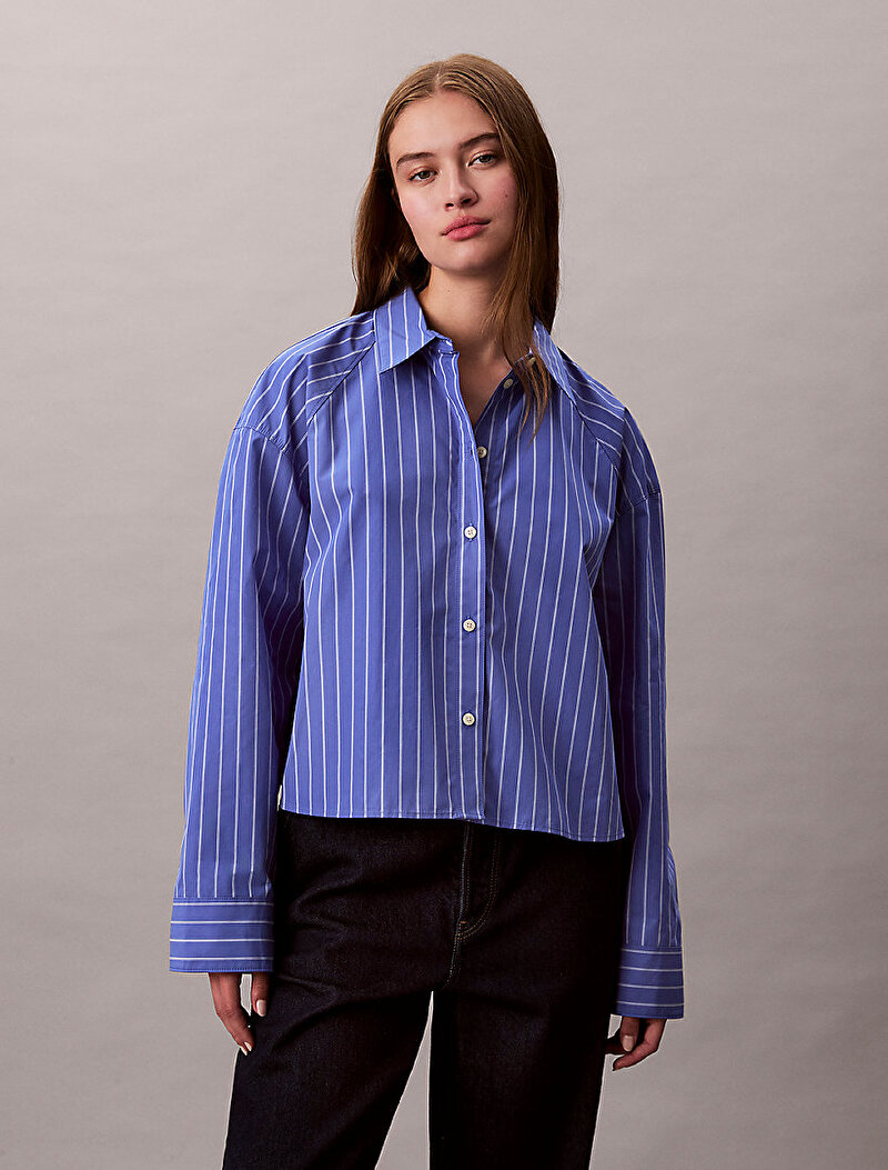 Calvin Klein Mavi Renkli Kadın Stripe Boxy Crop Gömlek