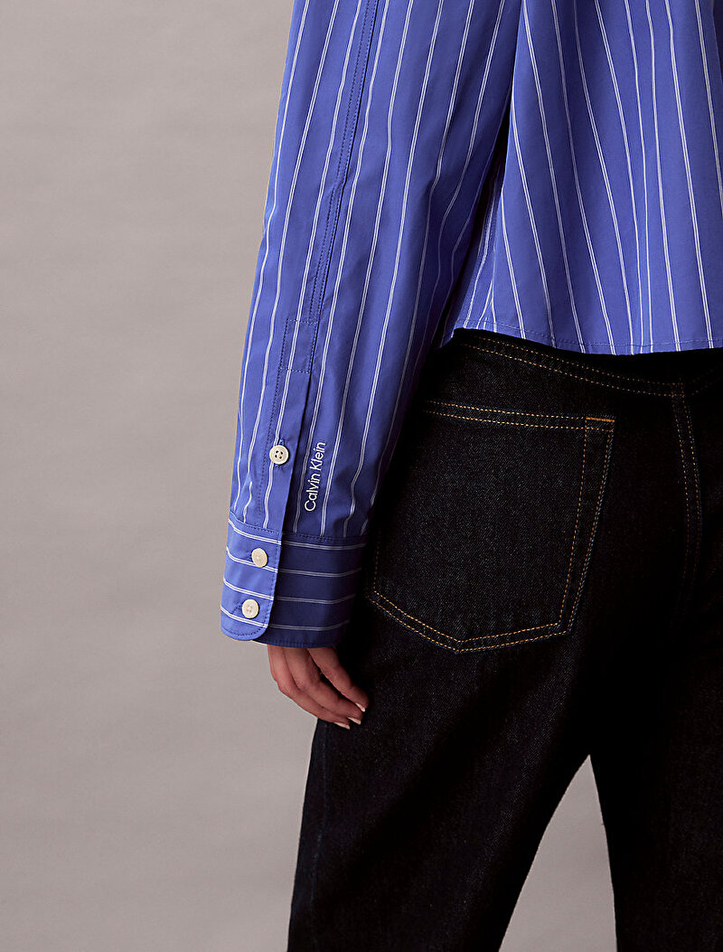 Calvin Klein Mavi Renkli Kadın Stripe Boxy Crop Gömlek