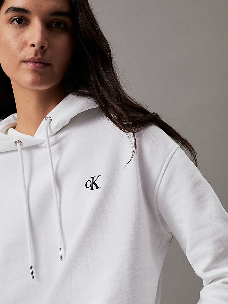 Calvin Klein Beyaz Renkli Kadın Pamuk Karışımı Kapüşonlu Sweatshirt