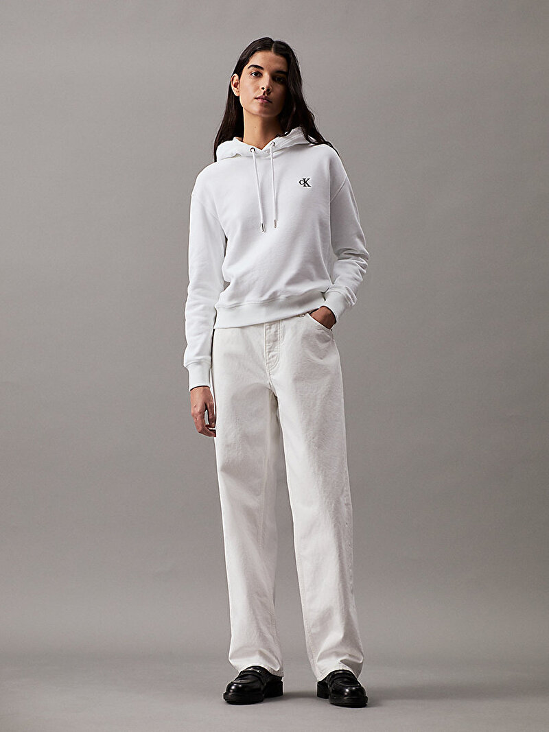 Calvin Klein Beyaz Renkli Kadın Pamuk Karışımı Kapüşonlu Sweatshirt