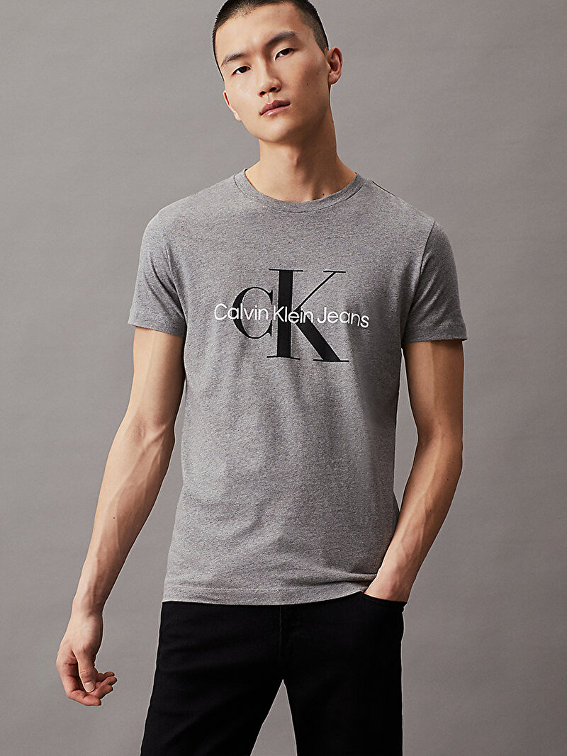 Erkek Core Monogram Slim Gri T-Shirt