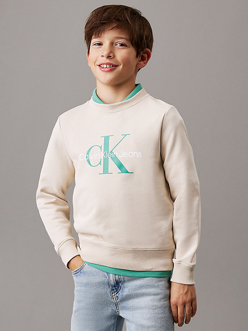 Calvin Klein Bej Renkli Çocuk Unisex CK Monogram Terry Sweatshirt
