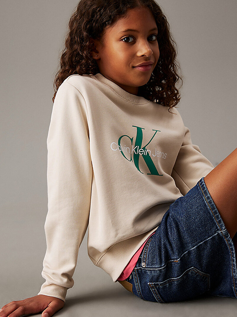 Calvin Klein Bej Renkli Çocuk Unisex CK Monogram Terry Sweatshirt