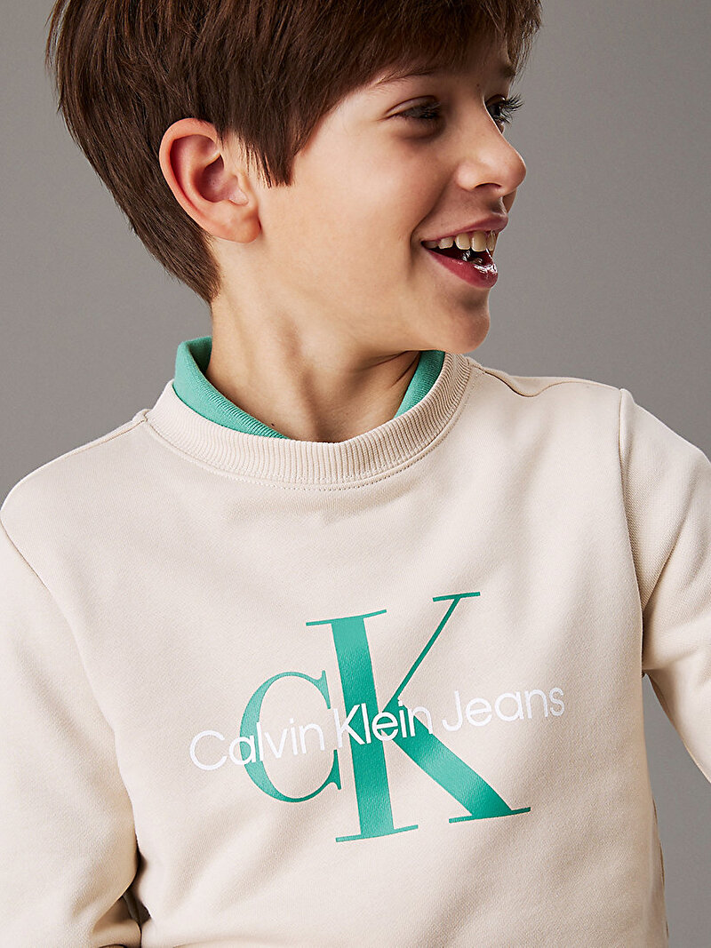 Calvin Klein Bej Renkli Çocuk Unisex CK Monogram Terry Sweatshirt