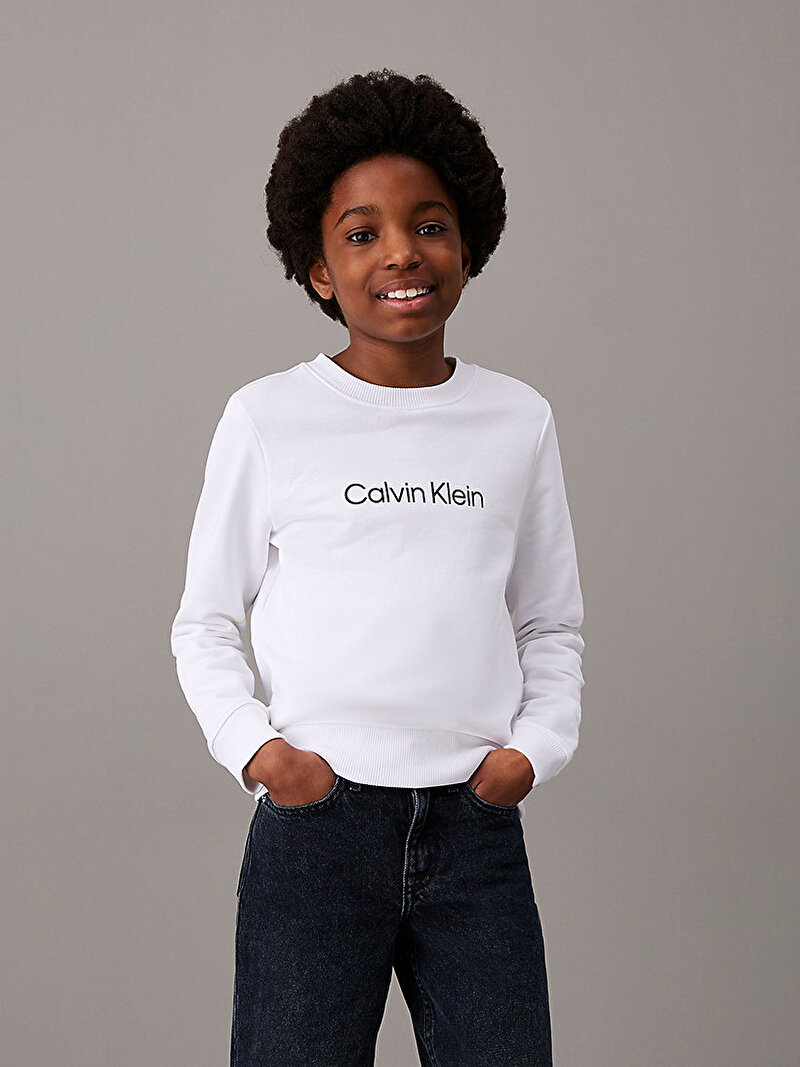 Calvin Klein Beyaz Renkli Çocuk Unisex Logo Regular Terry Sweatshirt