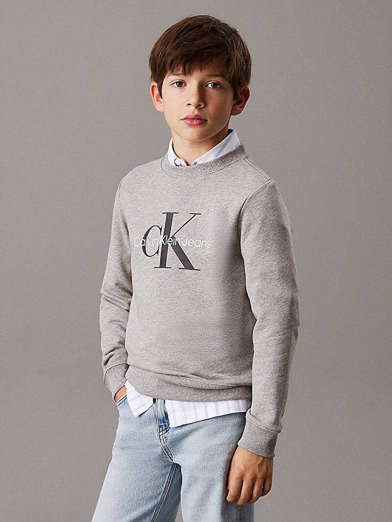 Calvin Klein Gri Renkli Çocuk Unisex CK Monogram Terry Sweatshirt