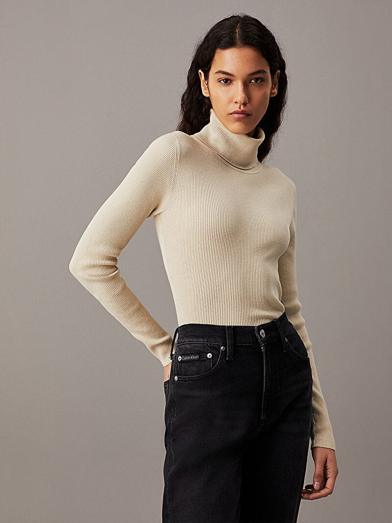 Calvin Klein Bej Renkli Kadın Woven Label Roll Kazak