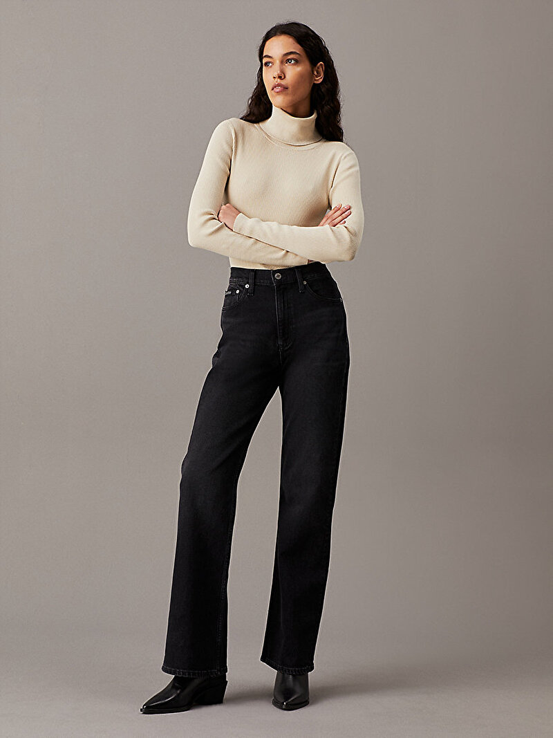 Calvin Klein Bej Renkli Kadın Woven Label Roll Kazak