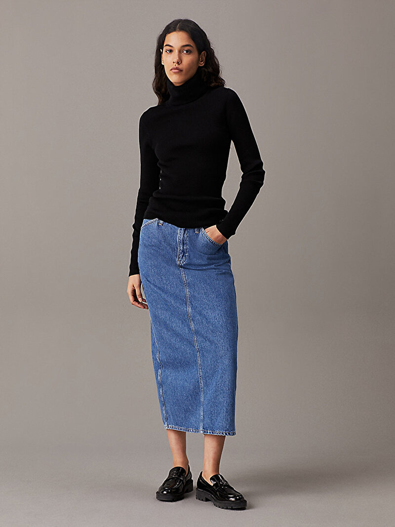 Calvin Klein Siyah Renkli Kadın Woven Label Roll Kazak