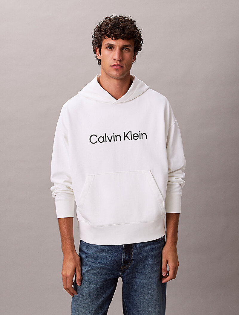 Calvin Klein Beyaz Renkli Erkek Standard Logo Sweatshirt