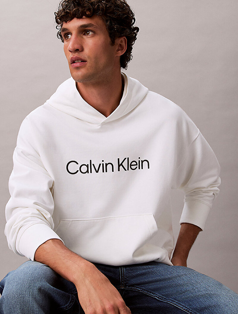 Calvin Klein Beyaz Renkli Erkek Standard Logo Sweatshirt
