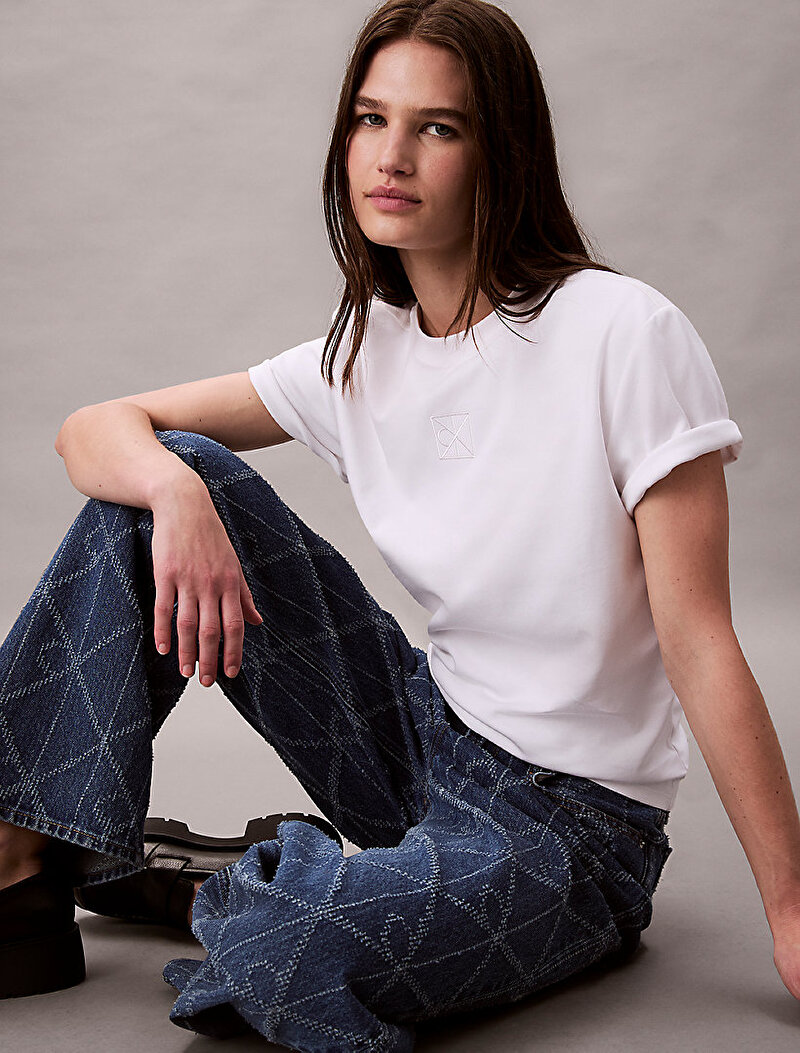 Calvin Klein Beyaz Renkli Kadın Lux Interlock T-shirt