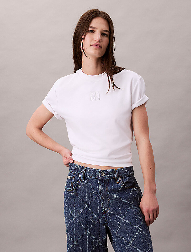 Calvin Klein Beyaz Renkli Kadın Lux Interlock T-shirt
