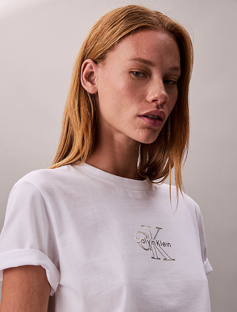 Calvin Klein Beyaz Renkli Kadın Classic Foil Mono T-shirt