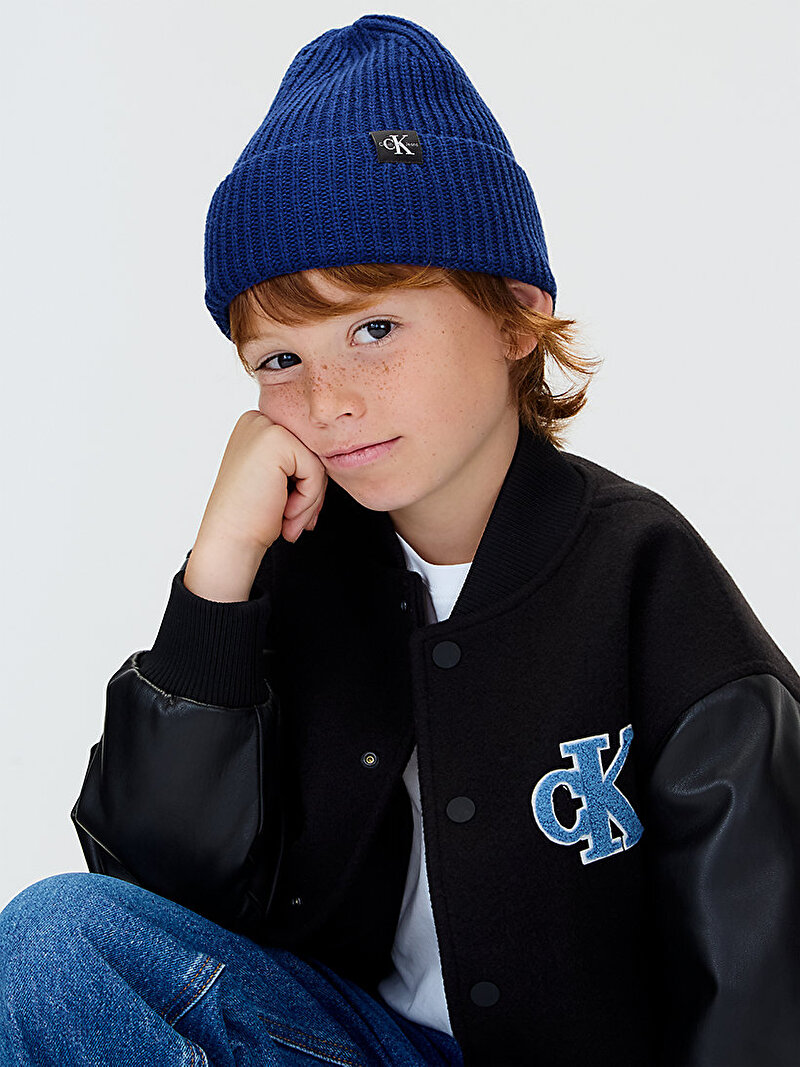 Calvin Klein Mavi Renkli Çocuk Unisex Monogram Rib Bere