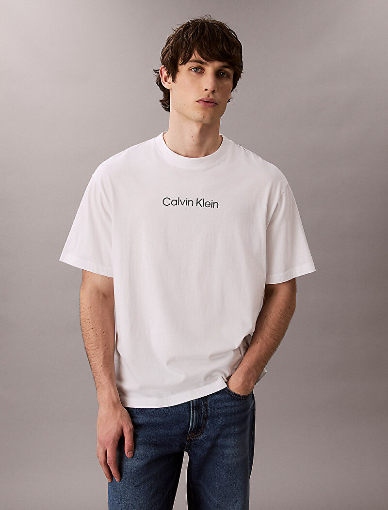 Calvin Klein Beyaz Renkli Erkek Standart Logo T-shirt