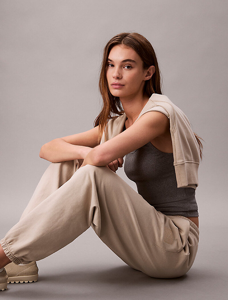 Calvin Klein Bej Renkli Kadın Premium Terry Emblem Eşofman Altı