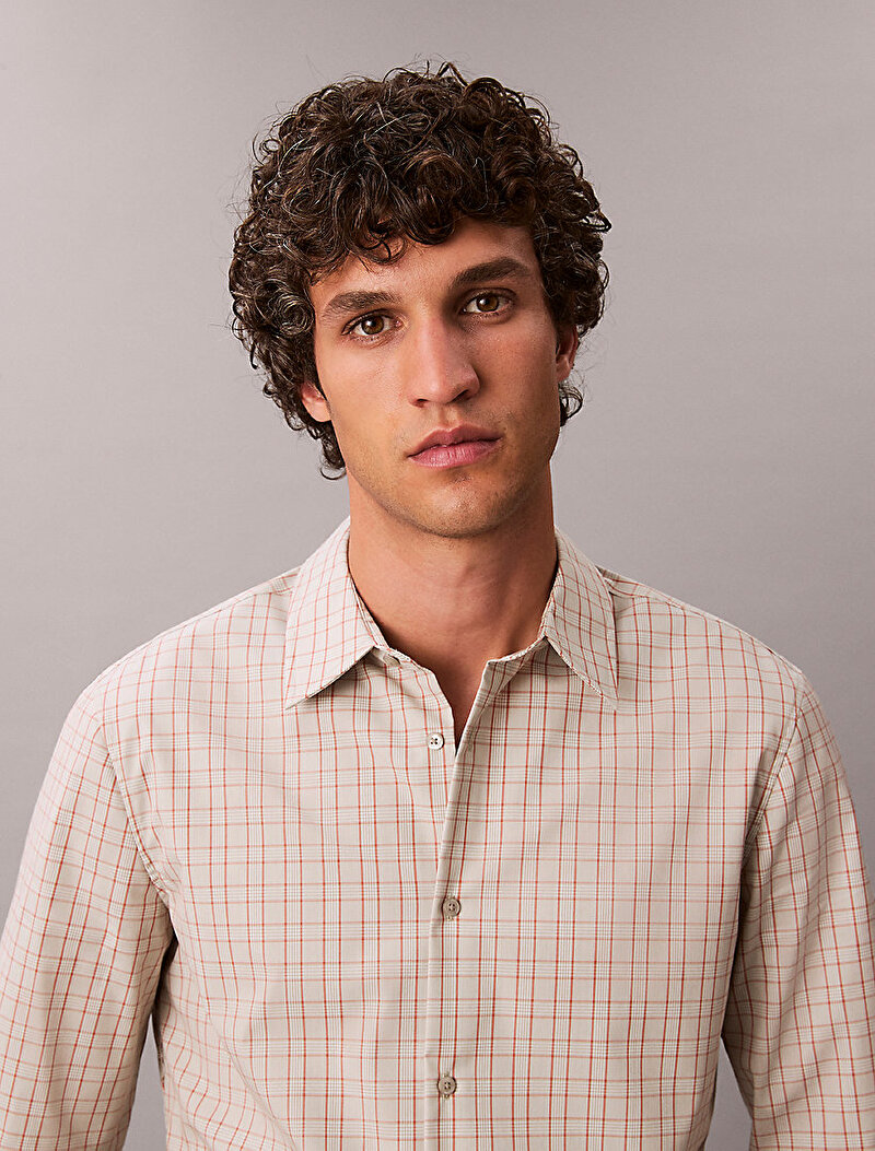 Calvin Klein Bej Renkli Erkek Plaid Supima Gömlek