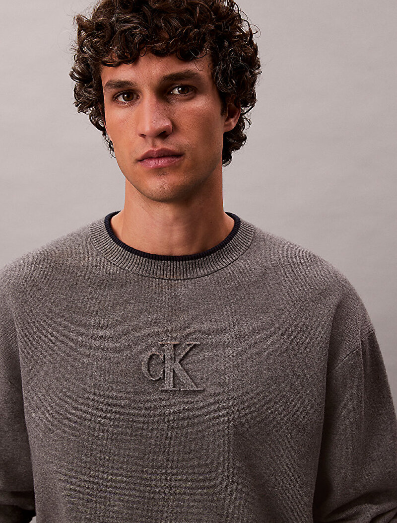 Calvin Klein Gri Renkli Erkek Embossed Logo Kazak