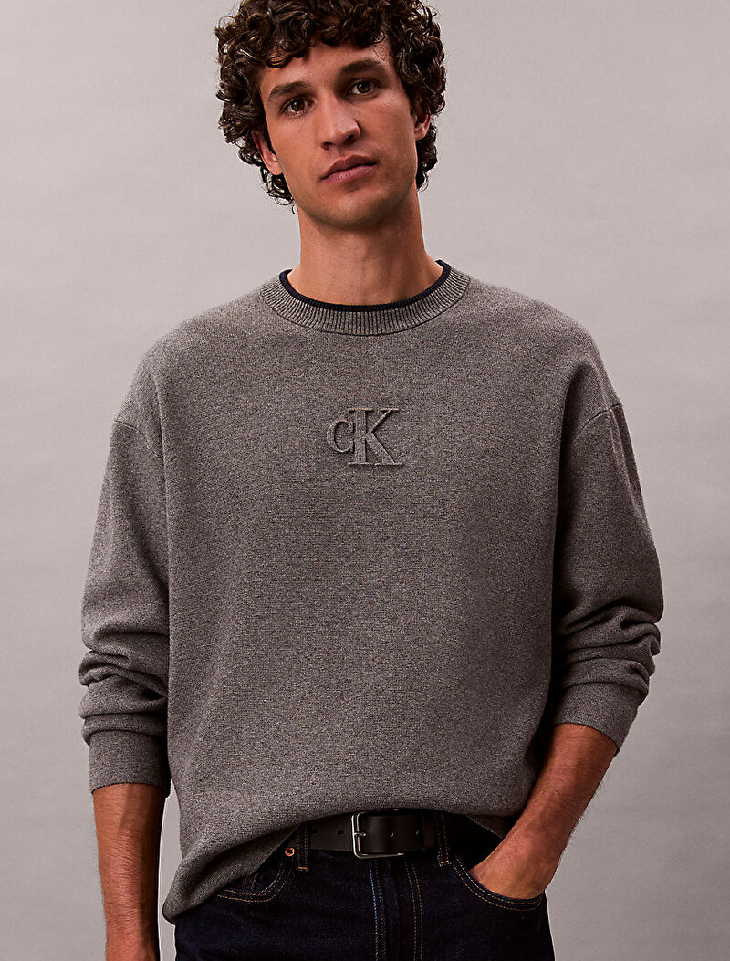 Calvin Klein Gri Renkli Erkek Embossed Logo Kazak