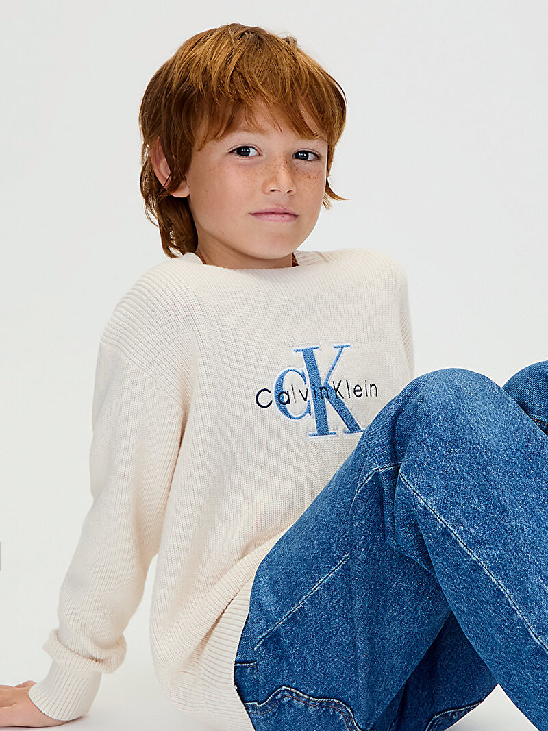 Calvin Klein Bej Renkli Erkek Çocuk Towelling Ck Stitch Kazak