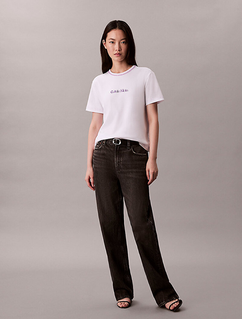 Calvin Klein Beyaz Renkli Kadın Fitted Interlock T-shirt
