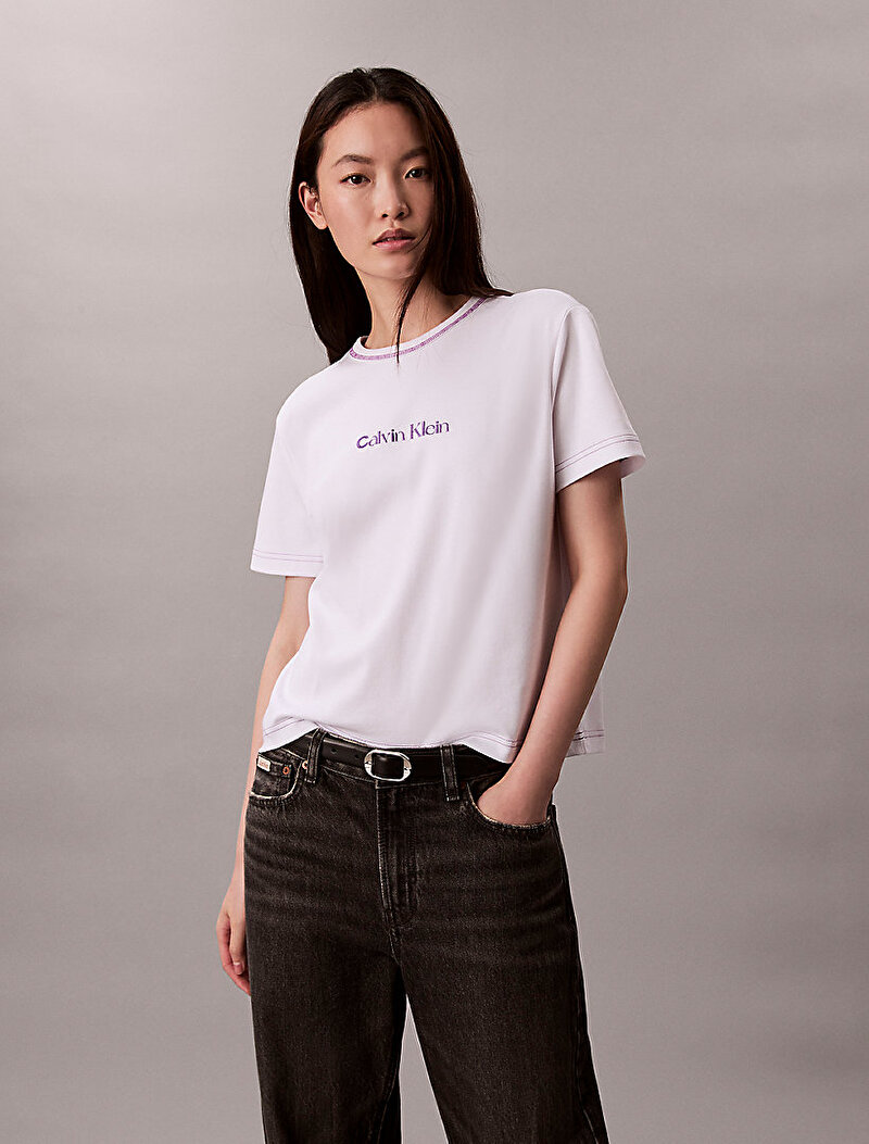 Calvin Klein Beyaz Renkli Kadın Fitted Interlock T-shirt