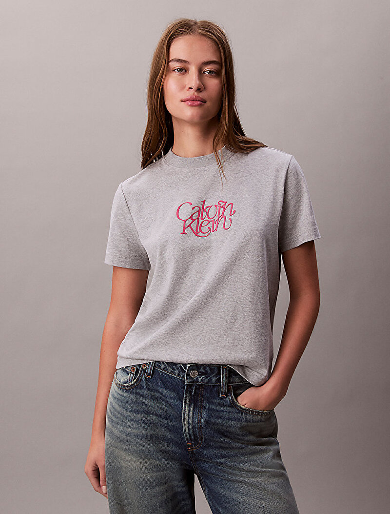 Calvin Klein Gri Renkli Kadın Fitted Script T-shirt