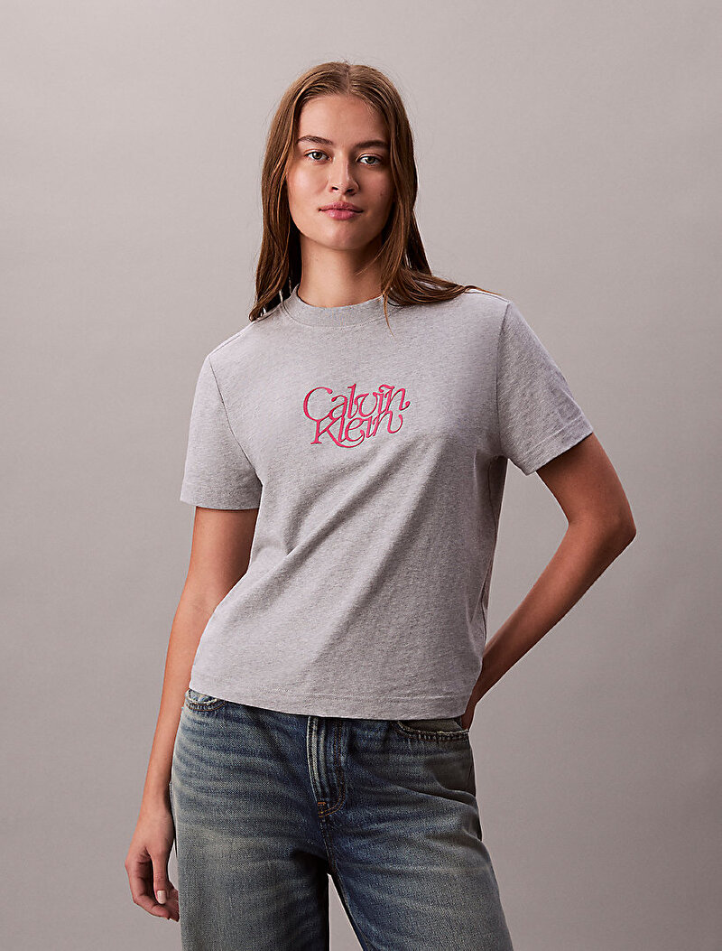 Calvin Klein Gri Renkli Kadın Fitted Script T-shirt