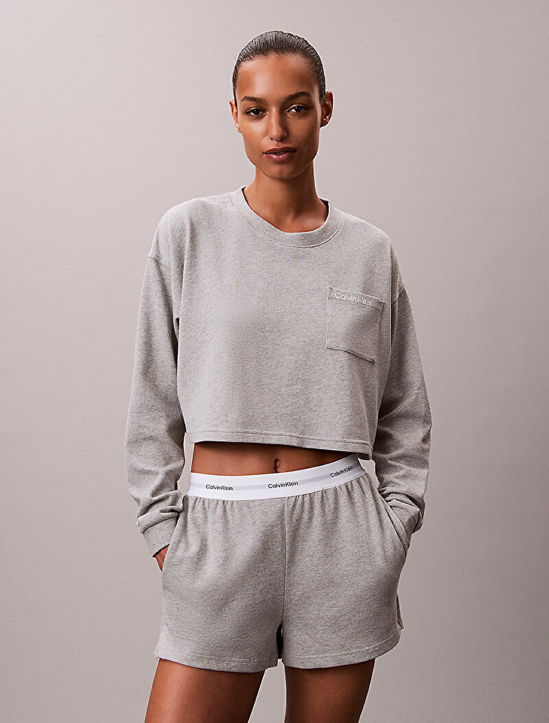 Calvin Klein Gri Renkli Kadın Logo Jersey Crop Pijama Üstü