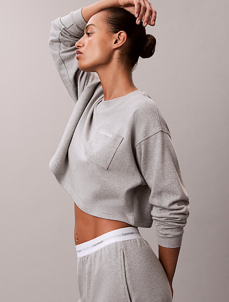 Calvin Klein Gri Renkli Kadın Logo Jersey Crop Pijama Üstü