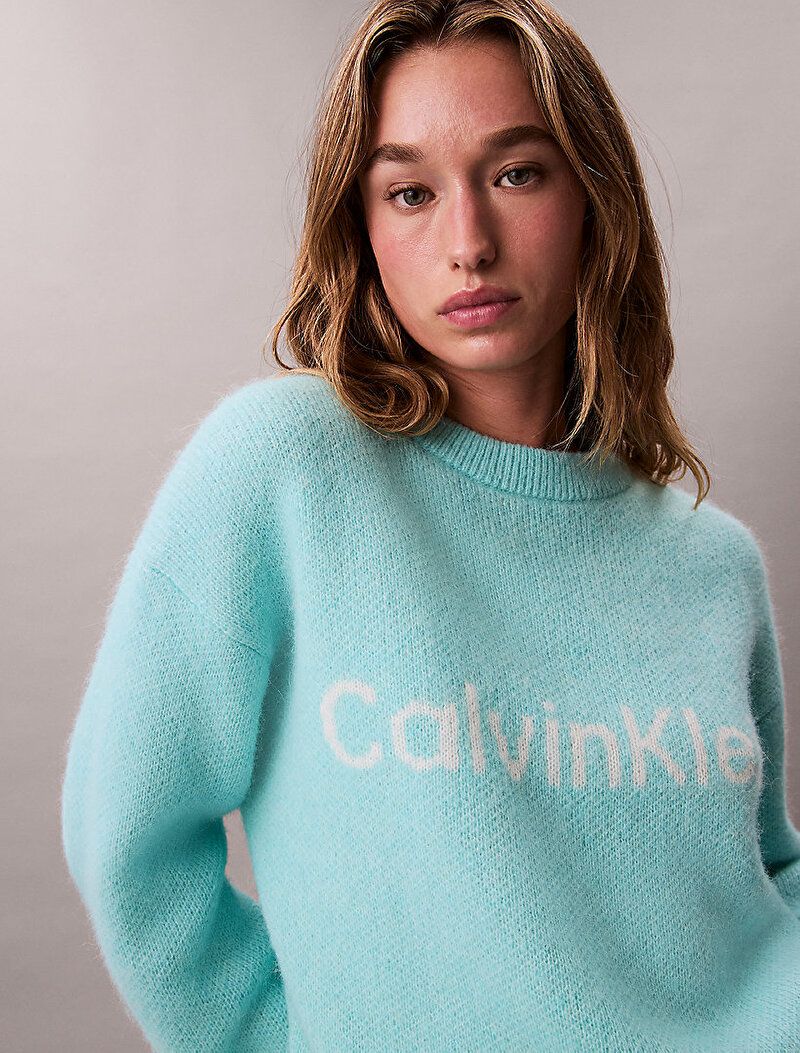 Calvin Klein Mavi Renkli Kadın Alpaca Logo Kazak