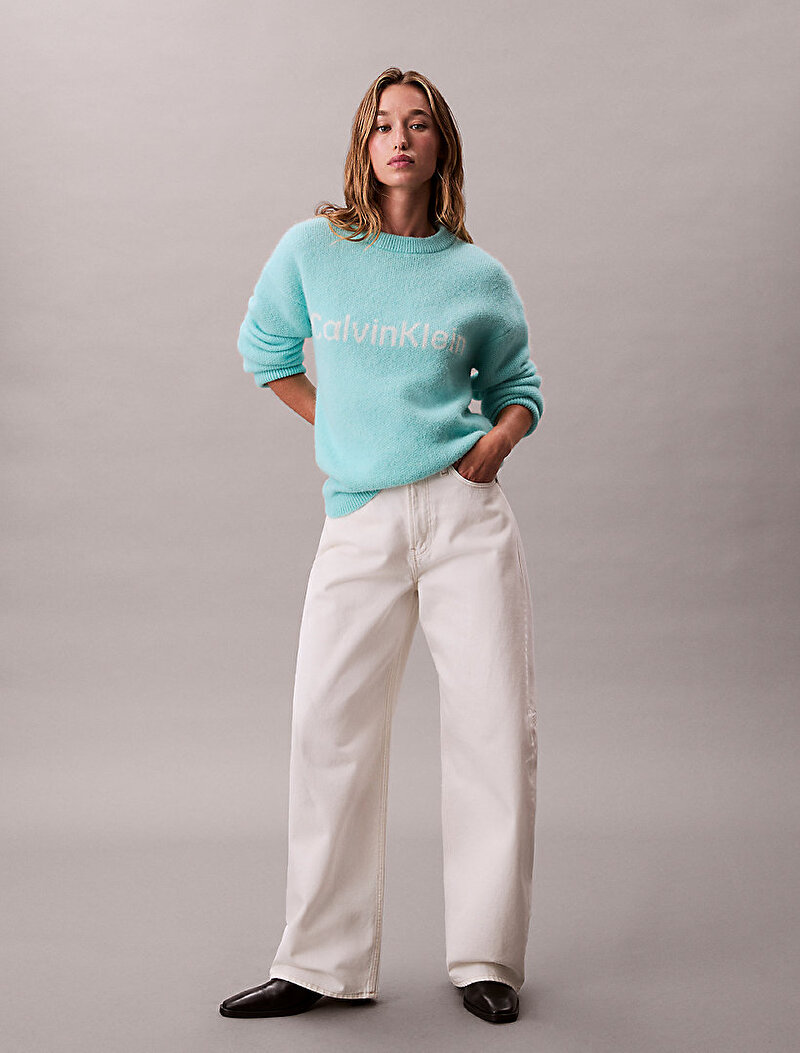 Calvin Klein Mavi Renkli Kadın Alpaca Logo Kazak