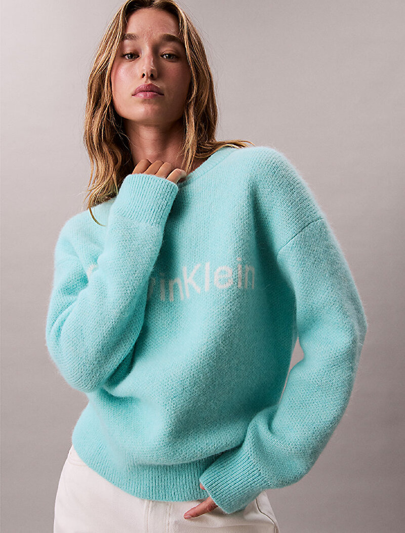 Calvin Klein Mavi Renkli Kadın Alpaca Logo Kazak