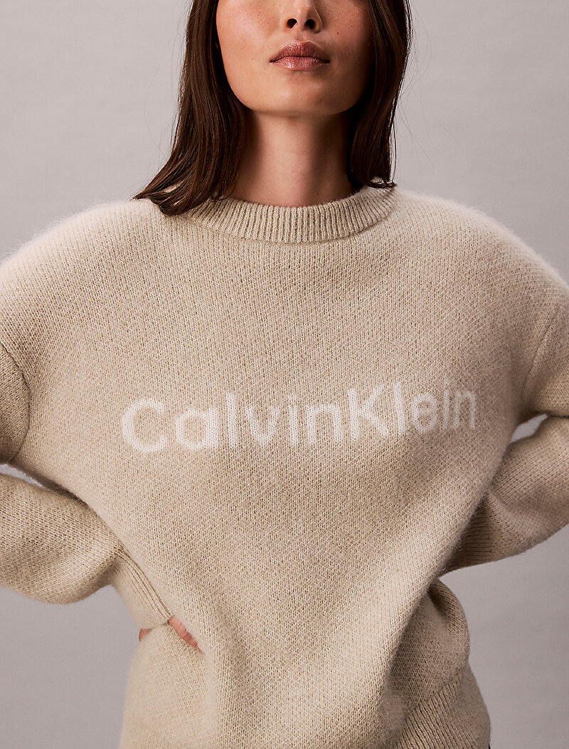 Calvin Klein Bej Renkli Kadın Alpaca Logo Kazak