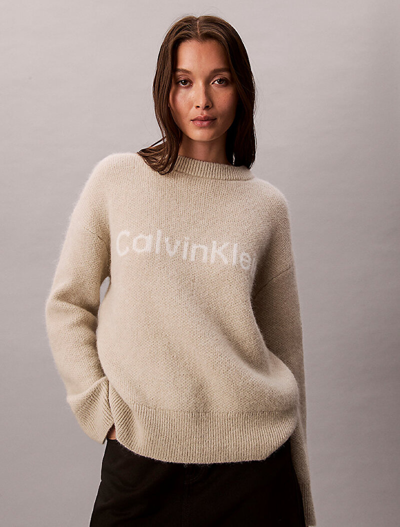 Calvin Klein Bej Renkli Kadın Alpaca Logo Kazak