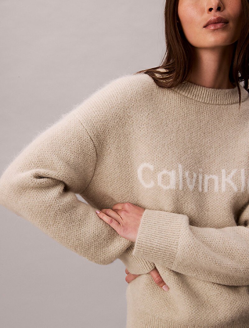 Calvin Klein Bej Renkli Kadın Alpaca Logo Kazak