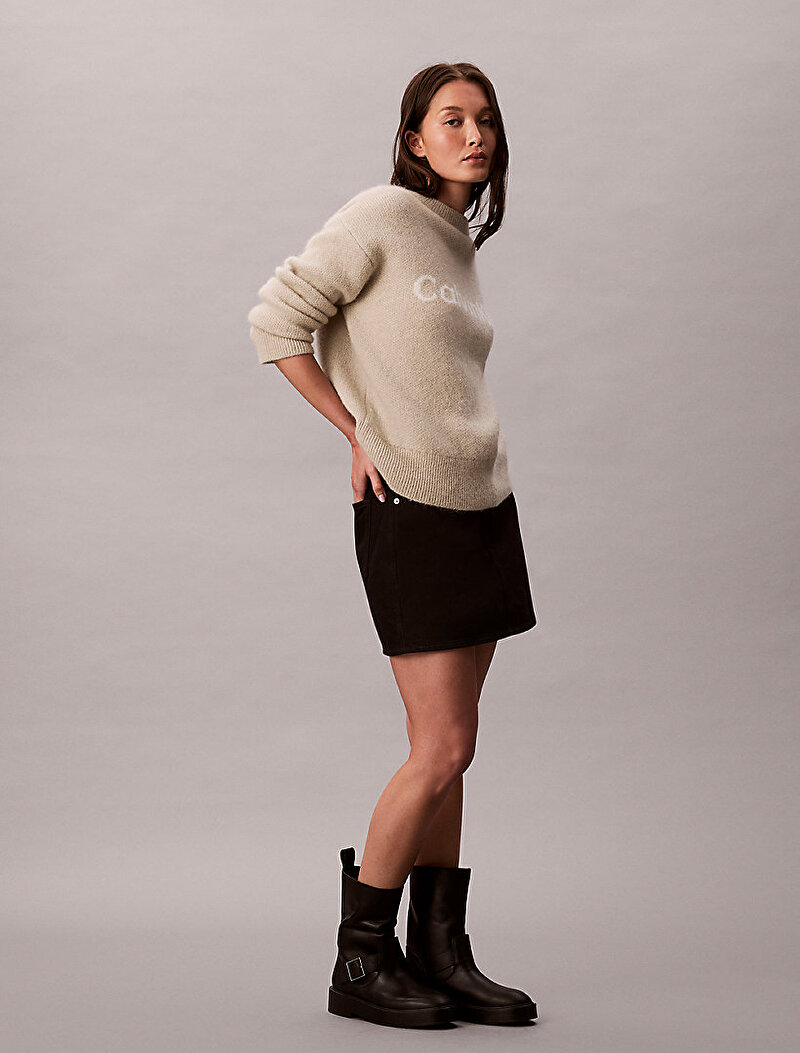 Calvin Klein Bej Renkli Kadın Alpaca Logo Kazak