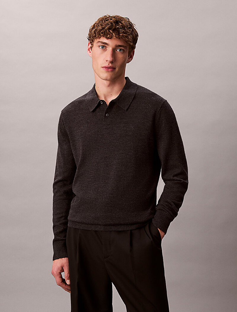 Calvin Klein Siyah Renkli Erkek Merino Polo Yaka Kazak