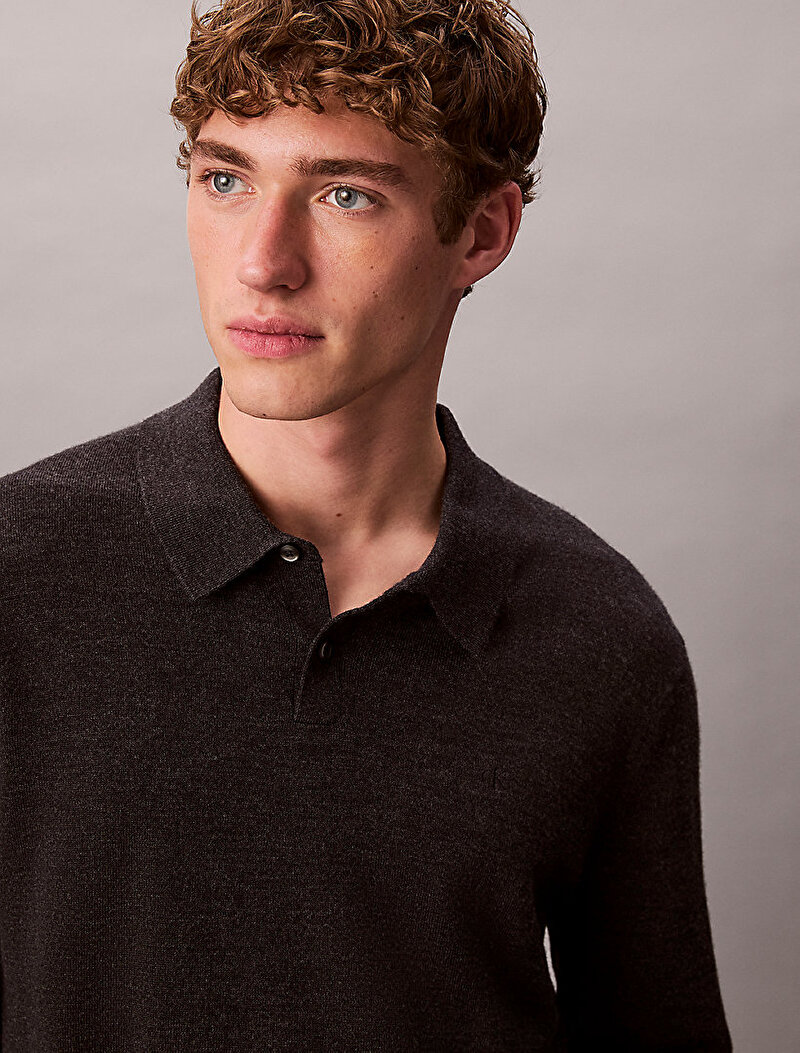 Calvin Klein Siyah Renkli Erkek Merino Polo Yaka Kazak