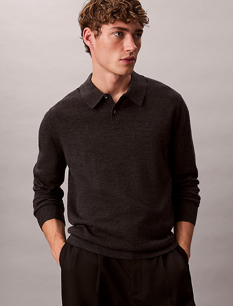 Calvin Klein Siyah Renkli Erkek Merino Polo Yaka Kazak