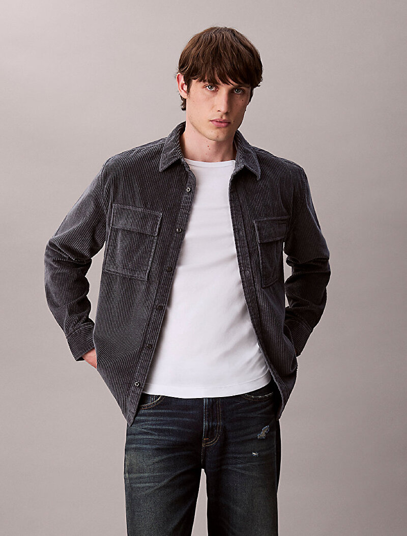 Calvin Klein Gri Renkli Erkek Corduroy Pocket Gömlek