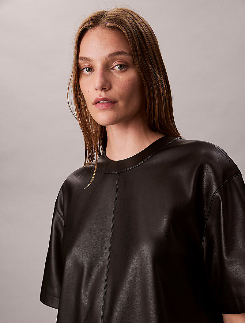 Calvin Klein Siyah Renkli Kadın Suni Deri T-shirt Elbise