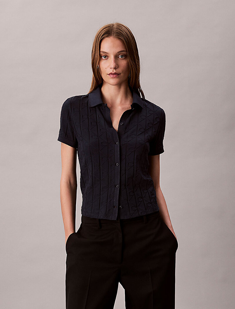 Calvin Klein Lacivert Renkli Kadın Jacquard Polo T-shirt