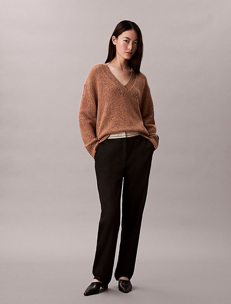 Calvin Klein Bej Renkli Kadın Chunky Neps V Yaka Kazak