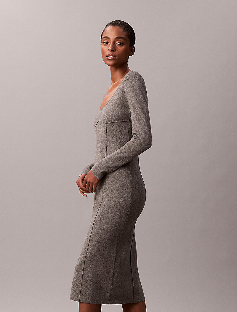 Calvin Klein Gri Renkli Kadın Half Milano Midi Elbise